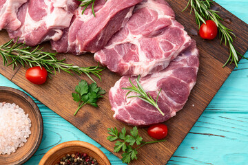 Neck of raw pork meat . Top view