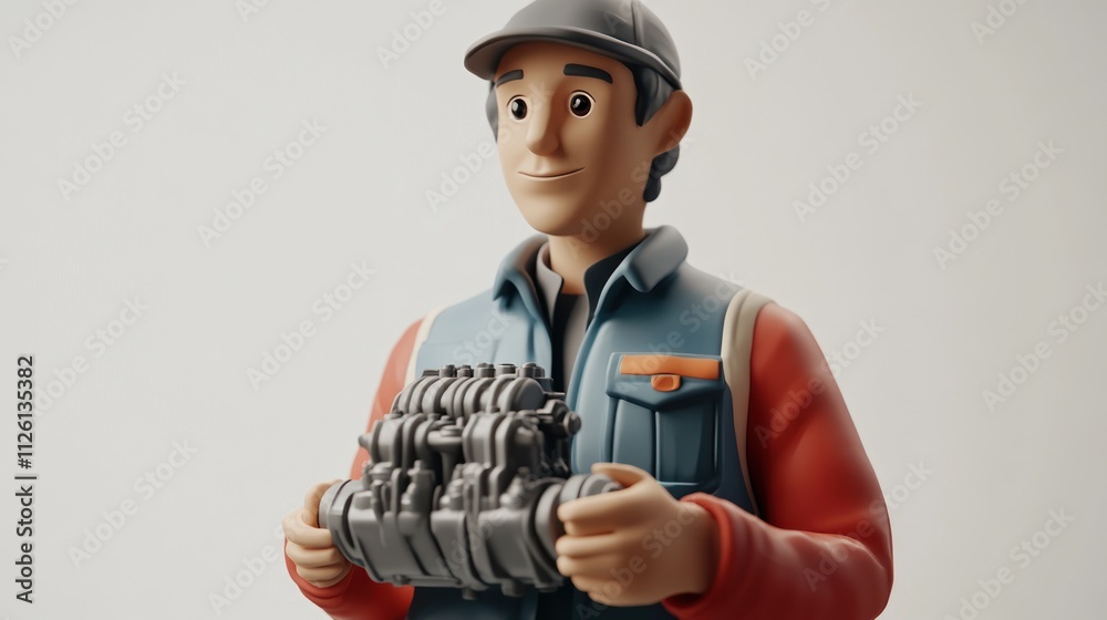 Poster 3d character holding a mechanical engine component, representing a mechanic or engineer.