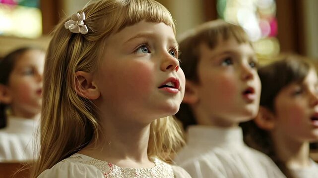 video of children singing in church choir, close up, singing, kids performing on stage, singer, girls and boys singing at school concert
