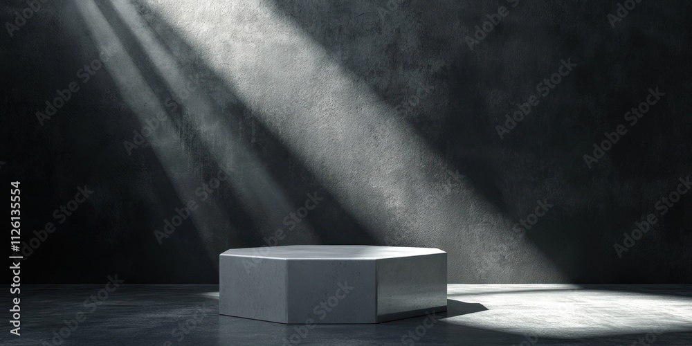 Aufkleber A minimalist display platform illuminated by beams of light in a dark, textured space.