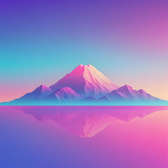 Vaporwave mountain landscape with reflection in tranquil waters at sunset