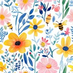 Whimsical Watercolor Spring Floral and Bee Design