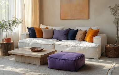 Cozy living room with white sofa, colorful pillows, wooden furniture, and abstract painting.