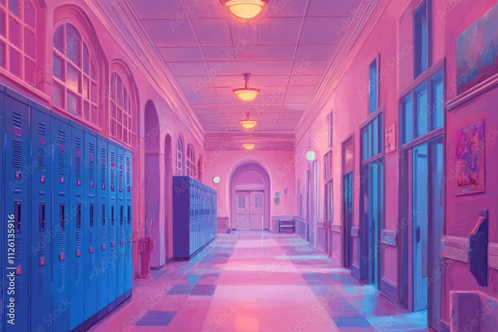 Aufkleber a colorful school hallway with blue lockers and soft lighting creating an inviting atmosphere.