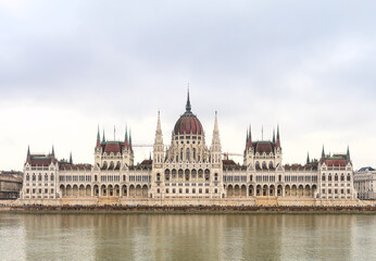 Fototapeta premium Budapest, Hungary, parliament, december, landscape, buildings, Danube, river, history, boats, night, budapest, europe, water, church, building, town, panorama, tower, cathedral, hungary, travel, view