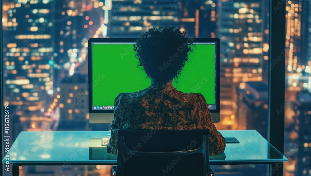 Poster a person sits at a desk in front of a computer with a green screen, overlooking a cityscape.