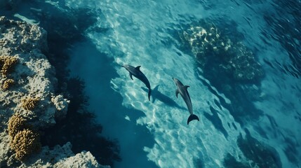 Fototapeta premium Playful Dolphins Frolicking Near Vibrant Underwater Reef in Turquoise Ocean Waters