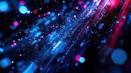 Fototapeta premium Abstract Digital Data Stream: Neon Blue and Red Particles