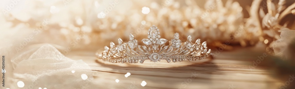 Poster a delicate tiara adorned with sparkling gems, set against a soft, elegant background.