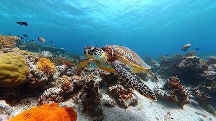 Graceful Sea Turtle Gliding Among Vibrant Coral Reef Underwater