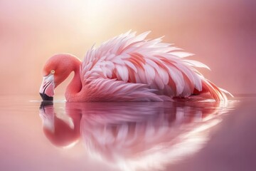 A serene flamingo gracefully wading in tranquil waters, reflecting soft pastel hues.