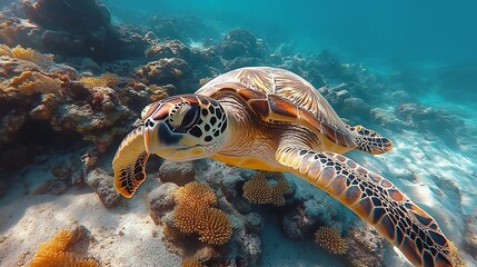 Graceful Sea Turtle Gliding Among Vibrant Coral Reef Underwater
