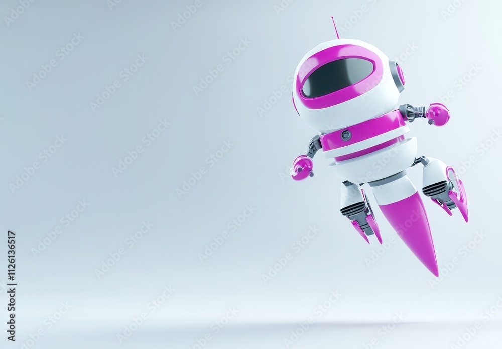 Poster a vibrant pink and white robot with a sleek design, appearing to hover in mid-air.