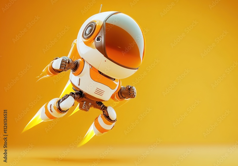 Poster a playful robot with a bird-like design, equipped with rocket boosters, flying against an orange bac