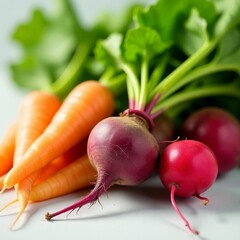 Close-up of Fresh Root Vegetables with Vibrant Greens