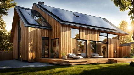 Obraz premium Modern wooden house with solar panels and a spacious deck in a sunny environment.
