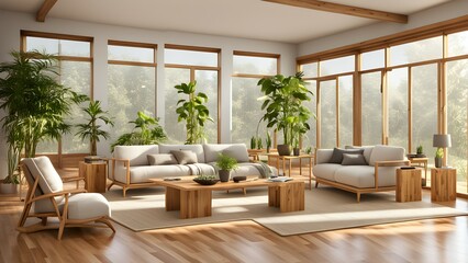 A modern living room with natural light, plants, and wooden furniture for relaxation.