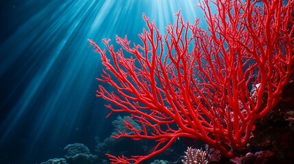 Vibrant red sea coral underwater, sun rays.