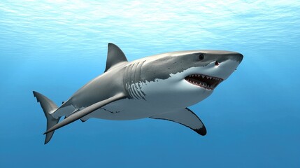Naklejka premium Great white shark swimming in clear ocean waters marine life photography underwater exploration natural environment perspective