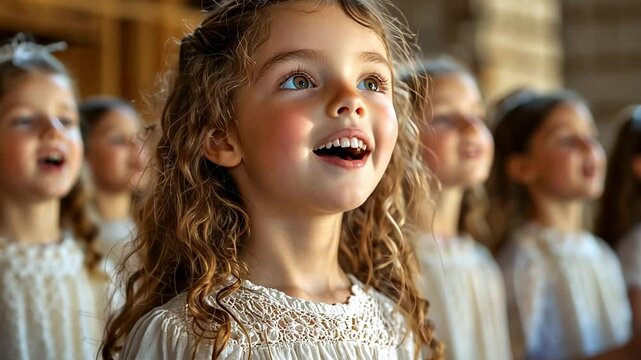 video of children singing in church choir, close up, singing, kids performing on stage, singer, girls and boys singing at school concert