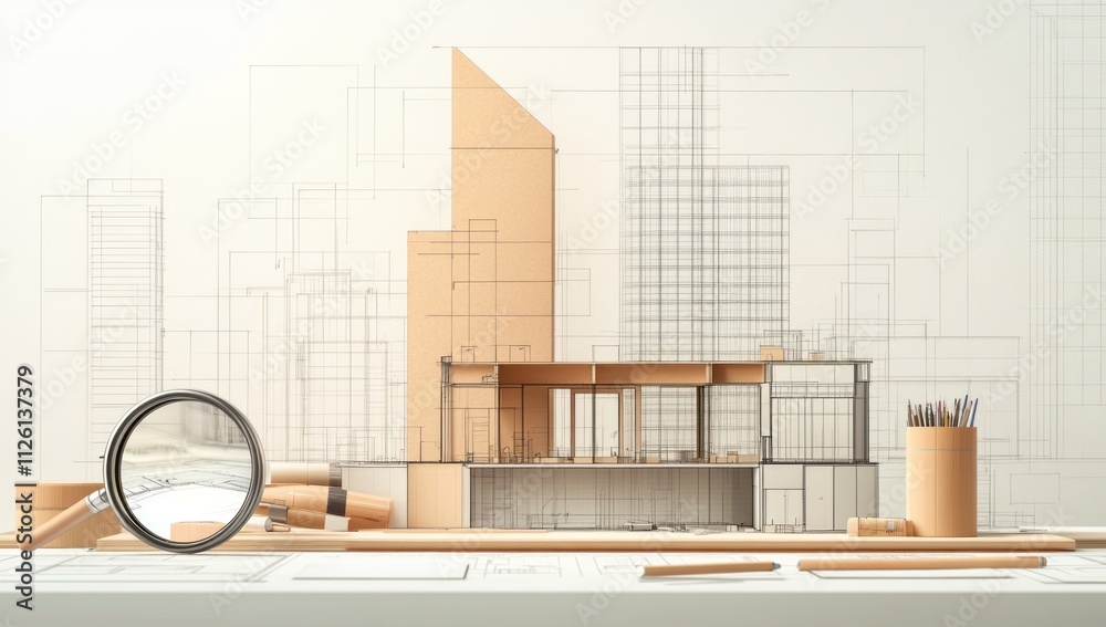Poster Architectural model with blueprints and tools for design and planning.