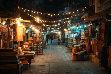 Evening shopping experience at a vibrant marketplace urban setting nighttime photography lively atmosphere street view cultural exploration