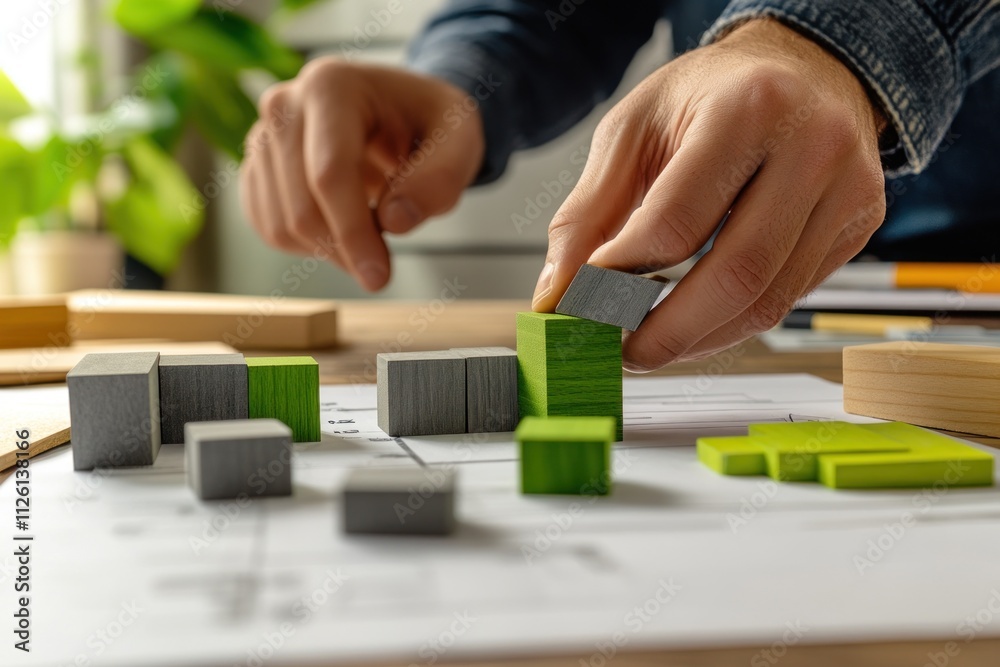 Poster A person arranging colorful building blocks on a blueprint, suggesting a design or planning activity.