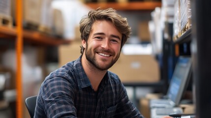 Obraz premium Smiling Warehouse Worker Sitting at Desk in Storage Facility