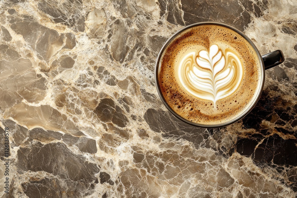 Poster a beautifully crafted latte with a leaf design on a marble surface.