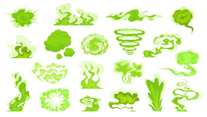 Toxic smell. Cartoon green bad smoke clouds. Stinky acid steams. Disgusting fart. Magic explosions. Rotten haze emanations. Potion evaporations. Smoking dust. Swirl vapors vector set