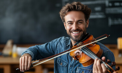 Photo of a man playing the violin in a room