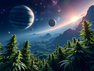 Naklejka premium Majestic alien landscape with towering trees and distant planets under a colorful sky at sunset