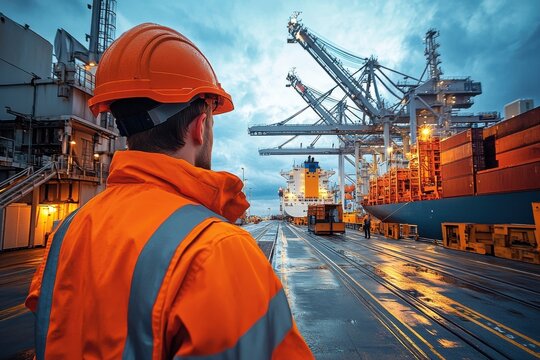 Dockworker overseeing cargo operations at a shipping port industrial environment evening viewpoint maritime logistics