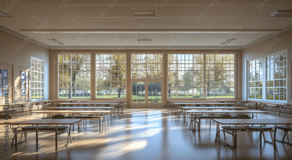 Poster A bright, spacious classroom with rows of tables and large windows overlooking greenery.