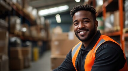 Naklejka premium Smiling Warehouse Worker Sitting at His Desk with Enthusiasm and Positivity