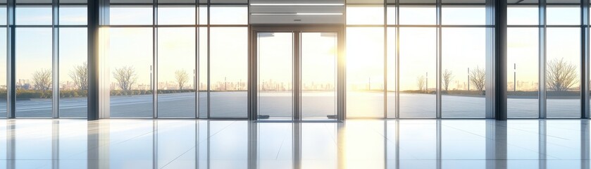 Fototapeta premium Bright and Airy Panoramic Office Lobby with Large Windows