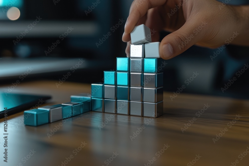 Poster A hand stacking cubes to create a bar chart on a wooden surface, illustrating data visualization.