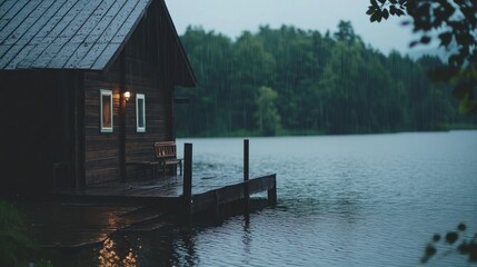 Wooden cabin on a lakeshore pier during a rainy day.