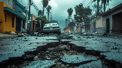 Cracked pavement and fallen debris after an earthquake