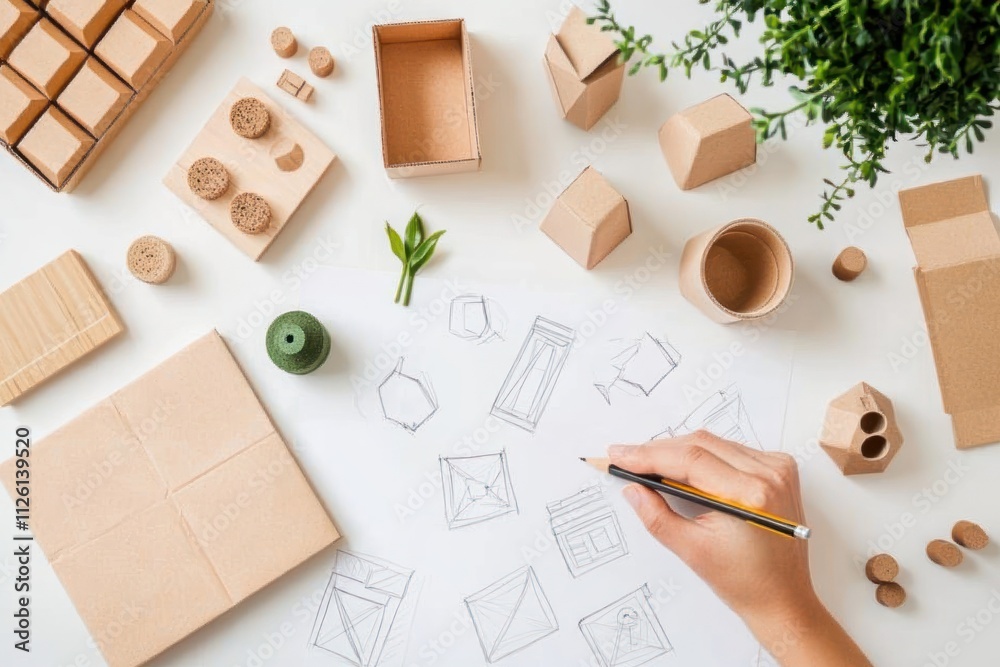 Aufkleber a workspace with sketches and wooden models, highlighting design and creativity.