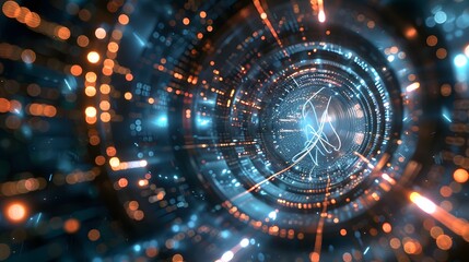 Abstract futuristic tunnel with glowing lines and bokeh.