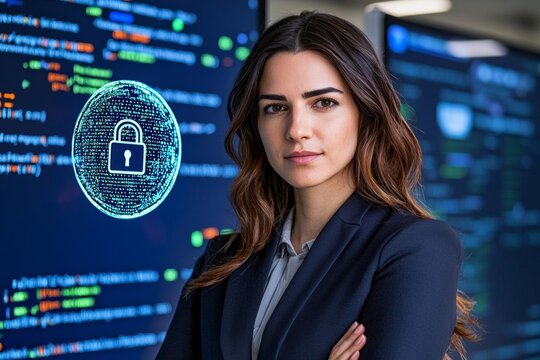 minimal photostock of a  Tablet, lock security and woman in hologram for data safety, software, password or coding in information technology