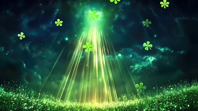 Enchanting night sky with glowing clover field and shimmering stars. Happy St. Patrick's Day. Saint Patrick