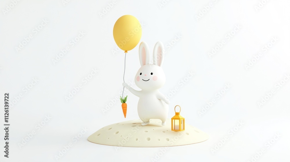 Poster a cheerful cartoon rabbit holds a balloon and a carrot on a sandy base with a lantern.