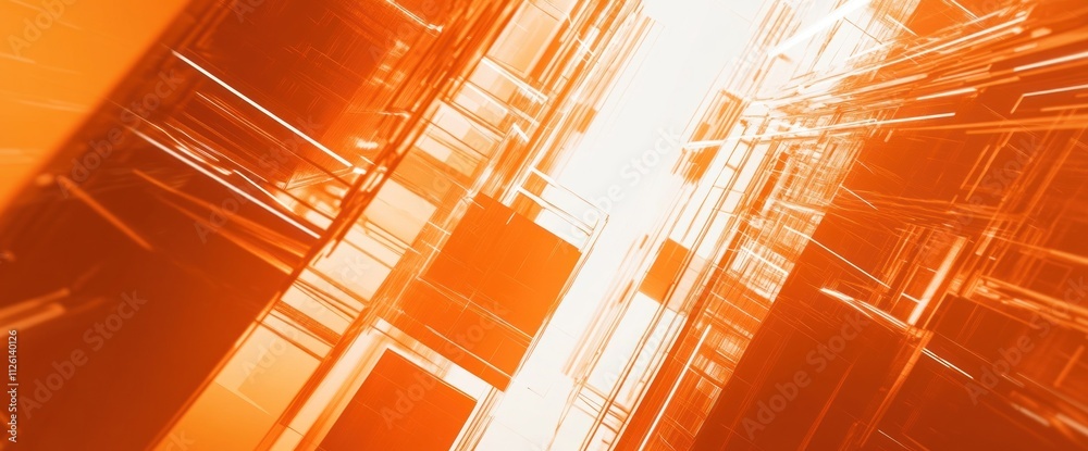 Poster abstract orange geometric shapes creating a futuristic digital environment.