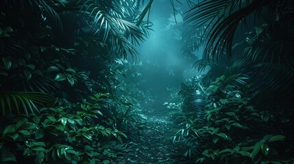 Obraz premium A Mystical Path Through a Dense, Foggy Jungle