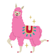 Pink cheerful llama decorated with traditional South American decorative elements. Cute characters for children's t-shirts and posters. Vector illustration isolated on transparent background.