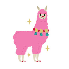 Pink cheerful llama decorated with traditional South American decorative elements. Cute characters for children's t-shirts and posters. Vector illustration isolated on transparent background.