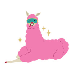 Pink funny llama resting in eye patch for sleeping. Cute characters for kids t-shirts and posters. Vector illustration isolated on transparent background.