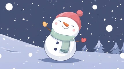Fototapeta premium There is a cute and cheerful snowman in the snow